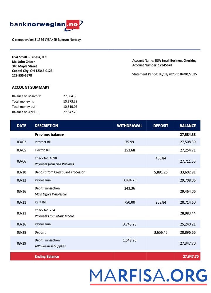 Blank Norwegian Bank Norwegian AS organization statement Word and PDF template